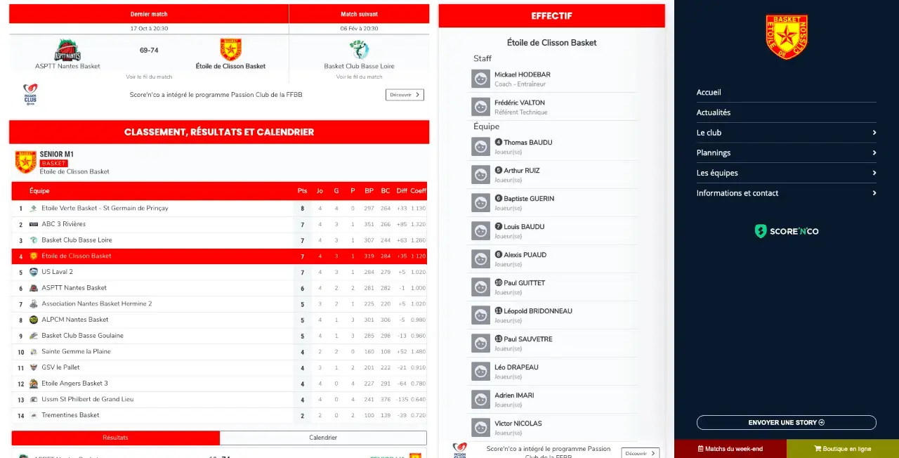 Site internet d'un club avec les mises à jour automatiques des résultats, classements, des effectifs