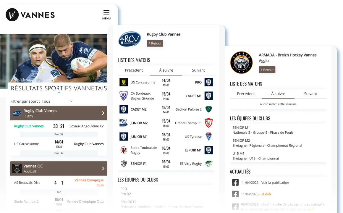 Pages des résultats sportifs et des équipes de la ville de Vannes