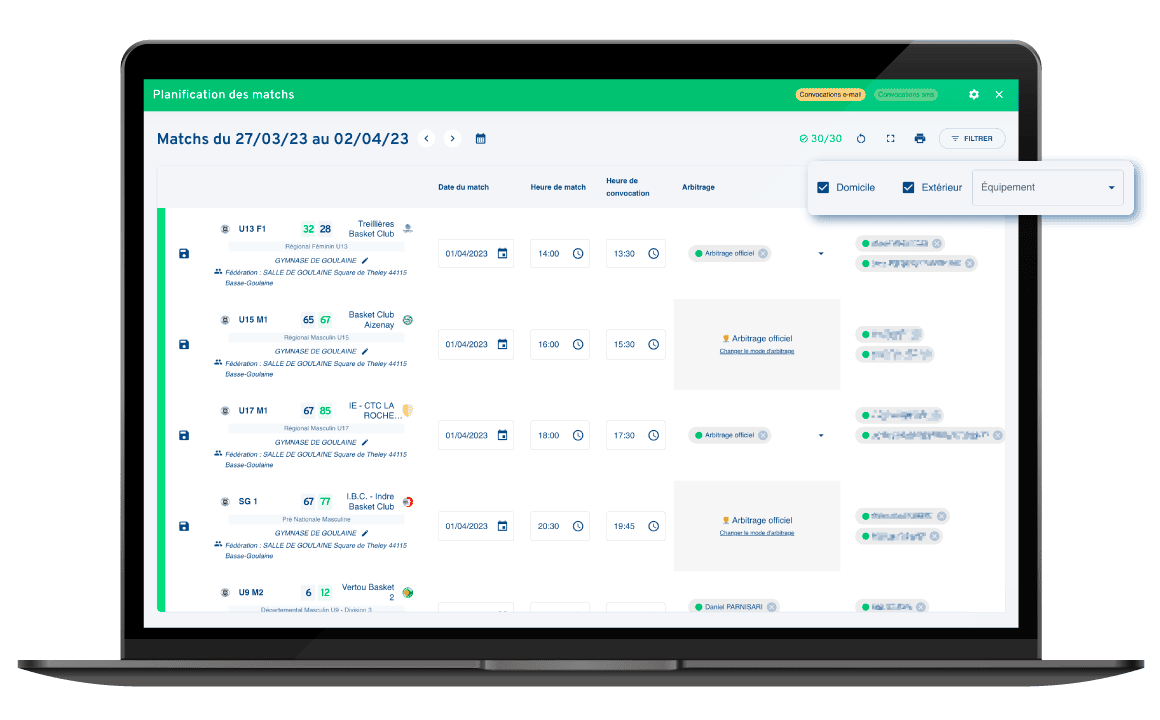 Tableau organisé de la convocations du week-end et du rôle de chacun