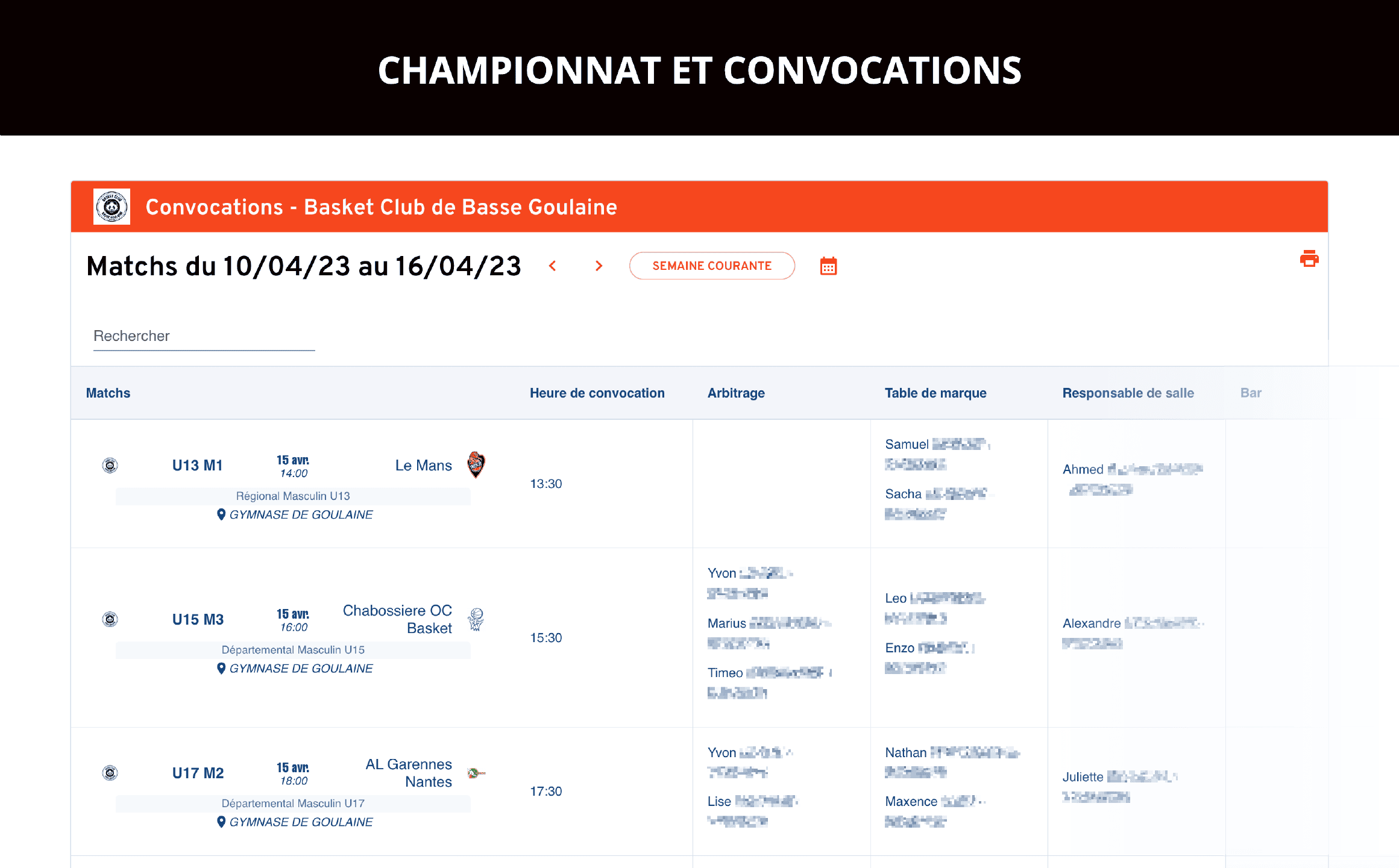 Exemple de convocation sur le site internet du Basket Club de BAsse-Goulaine