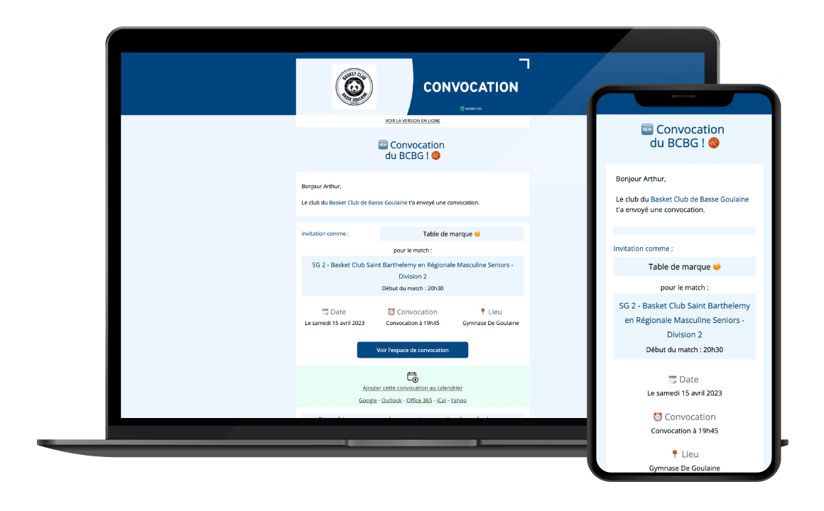 Message de convocation sur ordinateur et sur smartphone