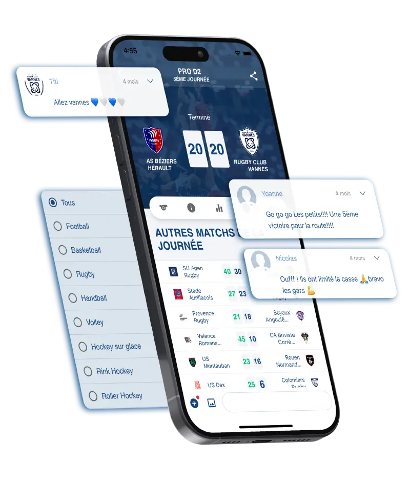 Image d'un iPhone avec l'application mobile v.2 de Score'n'co avec un live, des commentaires
