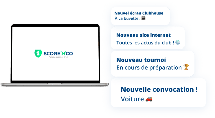 Ordinateur Score'n'co avec le nouvel écran Clubhouse, le nouveau site internet, le nouveau tournoi et la nouvelle convocation 