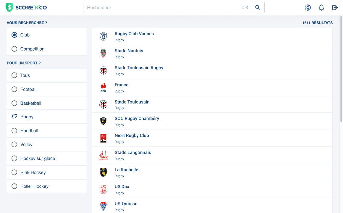 Image de recherche des clubs de rugby sur Score'n'co