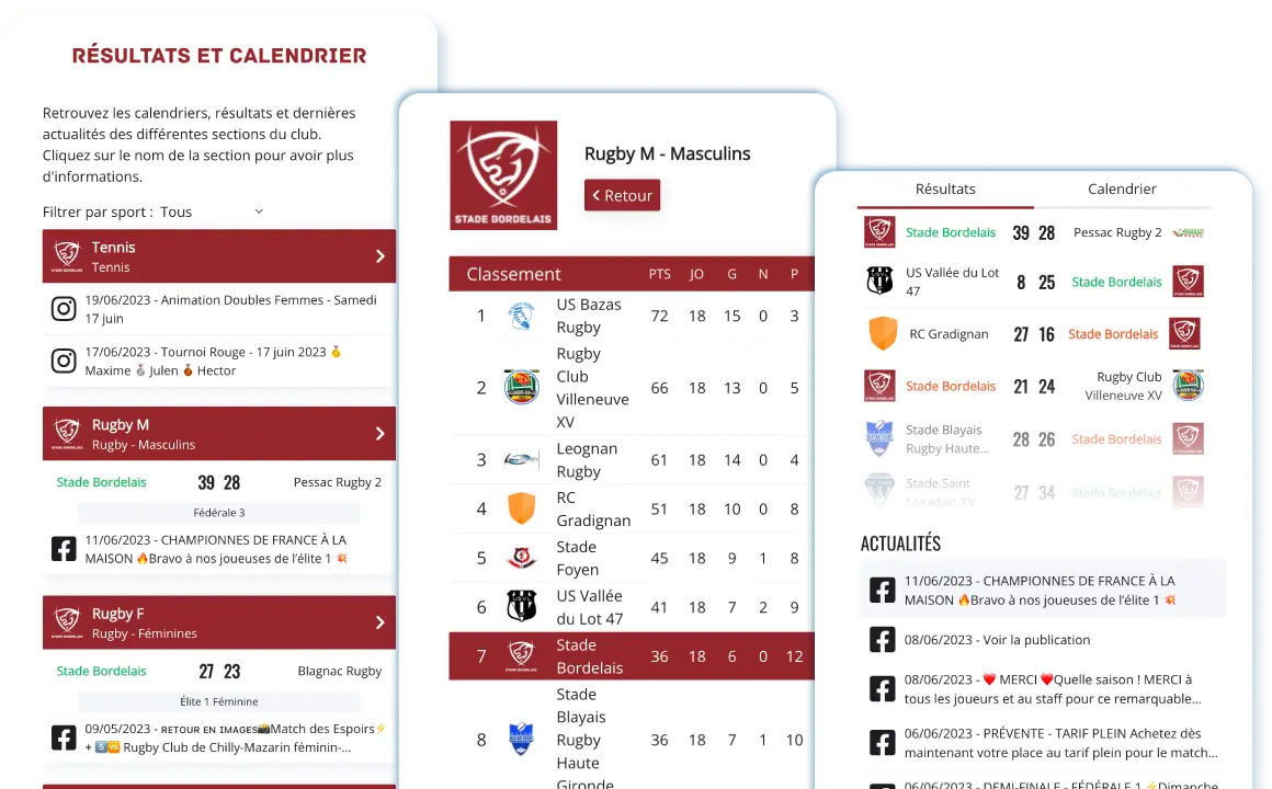 3 exemples des informations qu'y peuvent être affiché avec le module Score'n'co d'un club omnisport