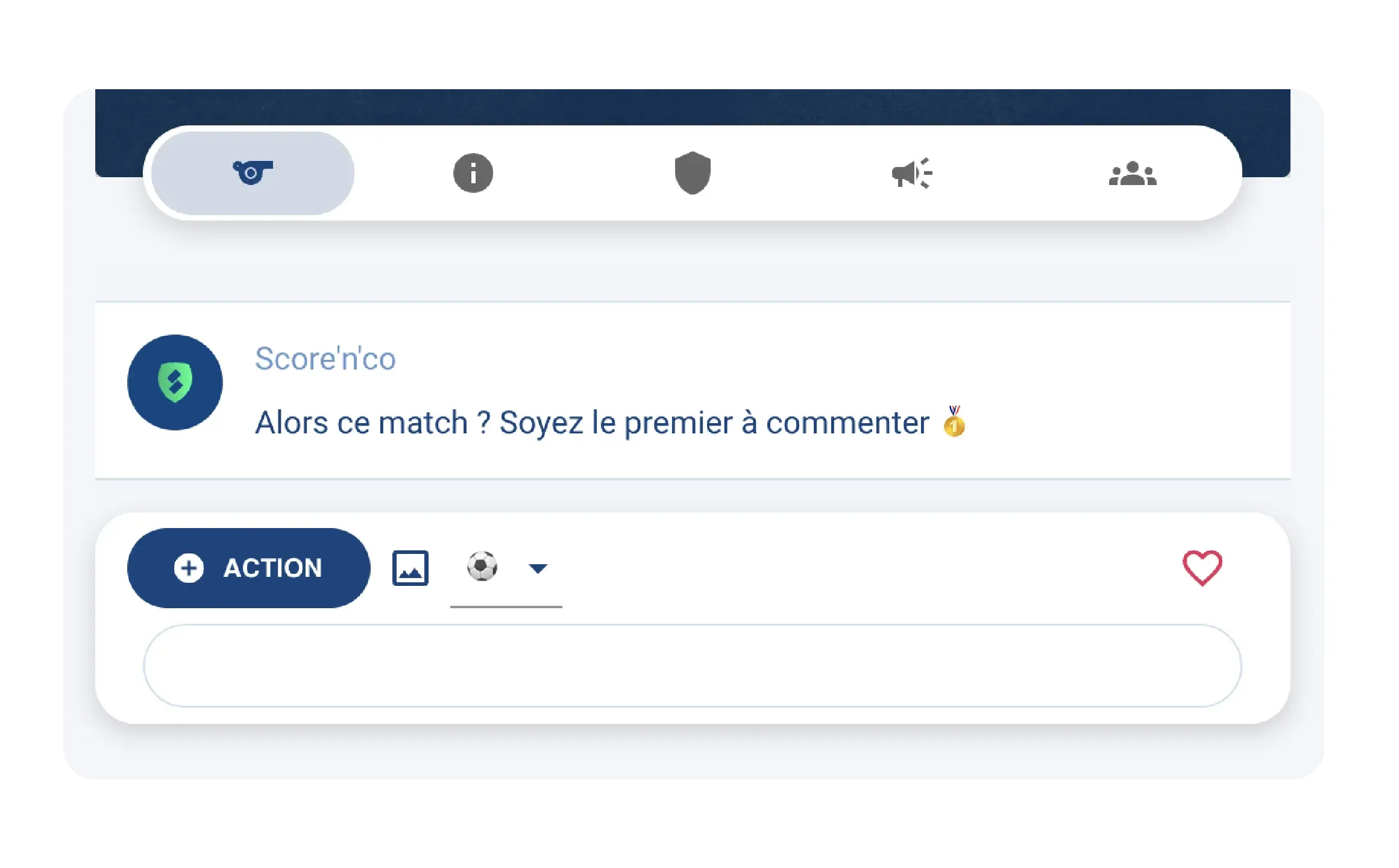 Espace pour écrire un commentaire lors d'un live d'un match, présence de l'espace résumé et actions