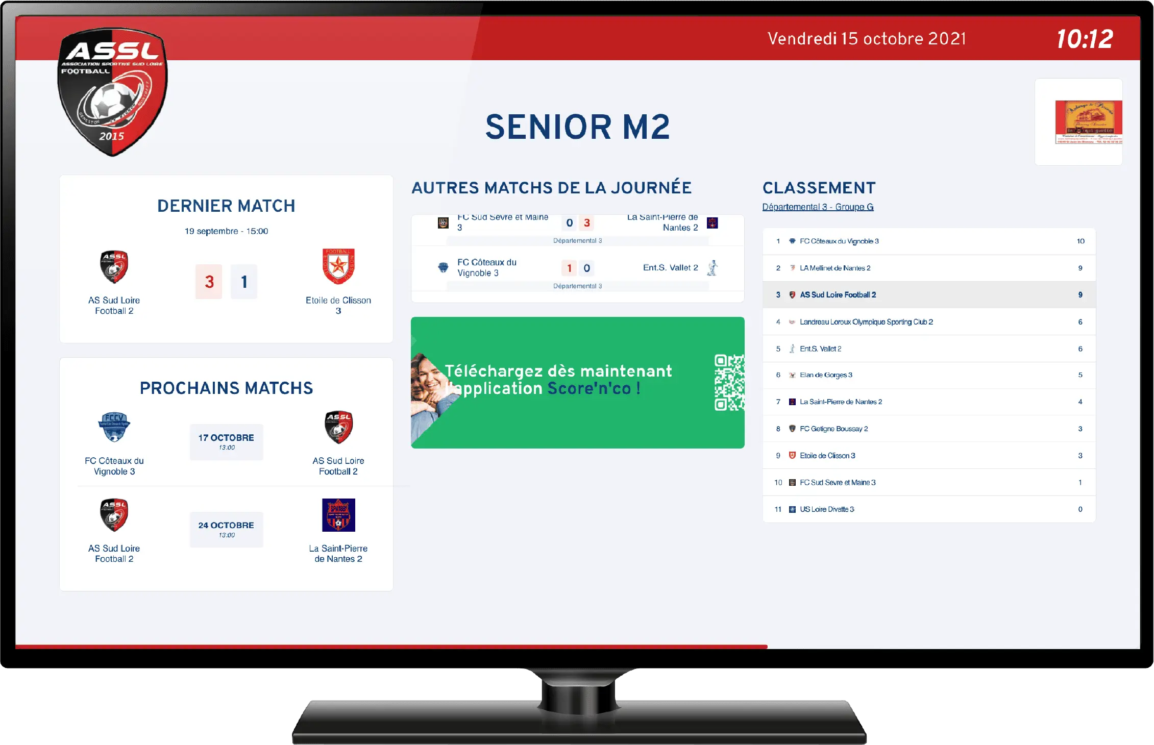 Exemple d'affichage des informations clubhouse avec le club de football ASSL 