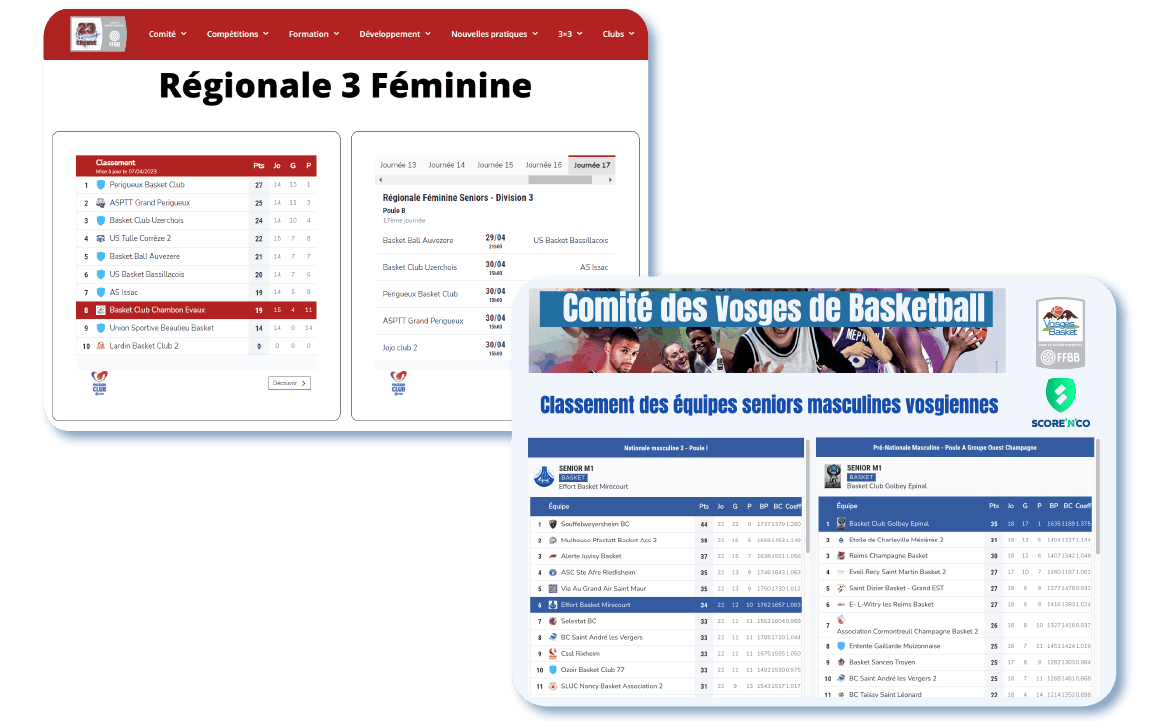 Widgets classement pour un club de Régionale 3 féminine et pour les équipes seniors masculines vosgiennes
