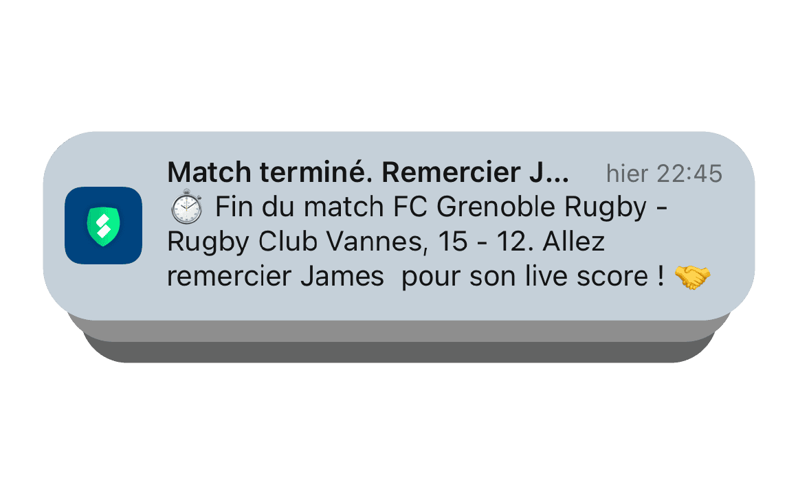 Notifications d'un essai lors d'un match de rugby sur l'application Score'n'co