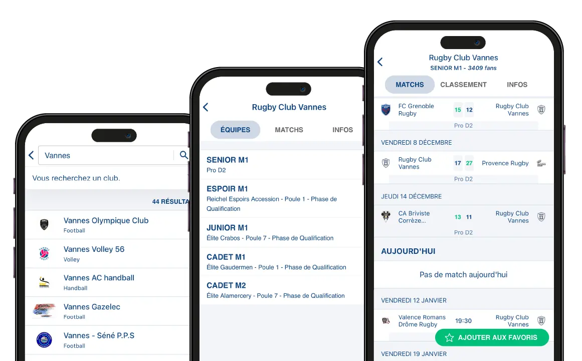 Différents visuels sur l'application Score'n'co avec recherche par ville, par équipe et devenir fan