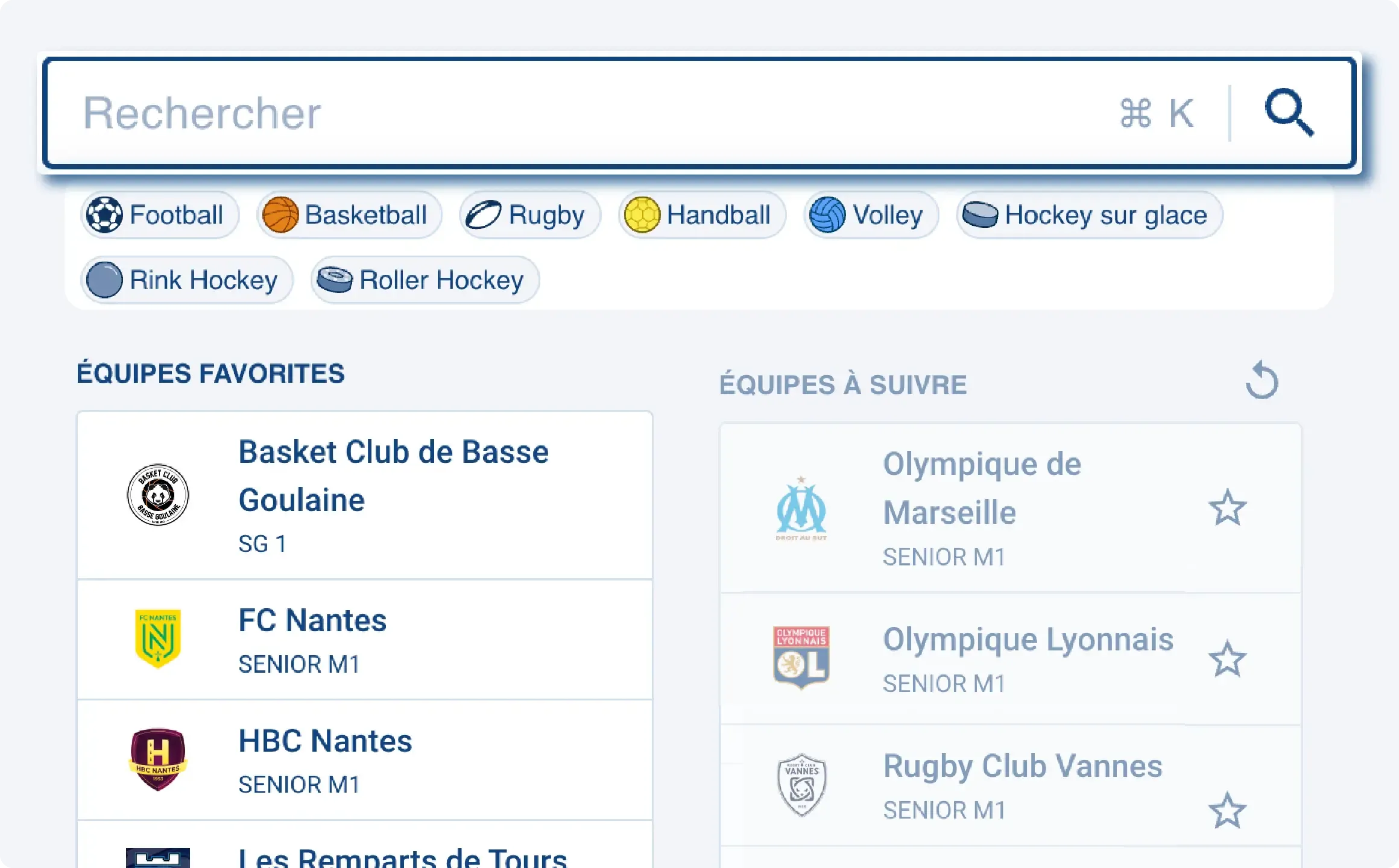 Liste des équipes favorites 