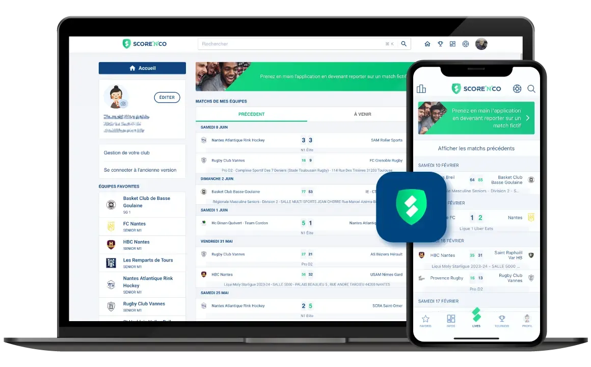 Résultats sportifs sur le site score'n'co sur ordinateur et application score'n'co sur mobile 