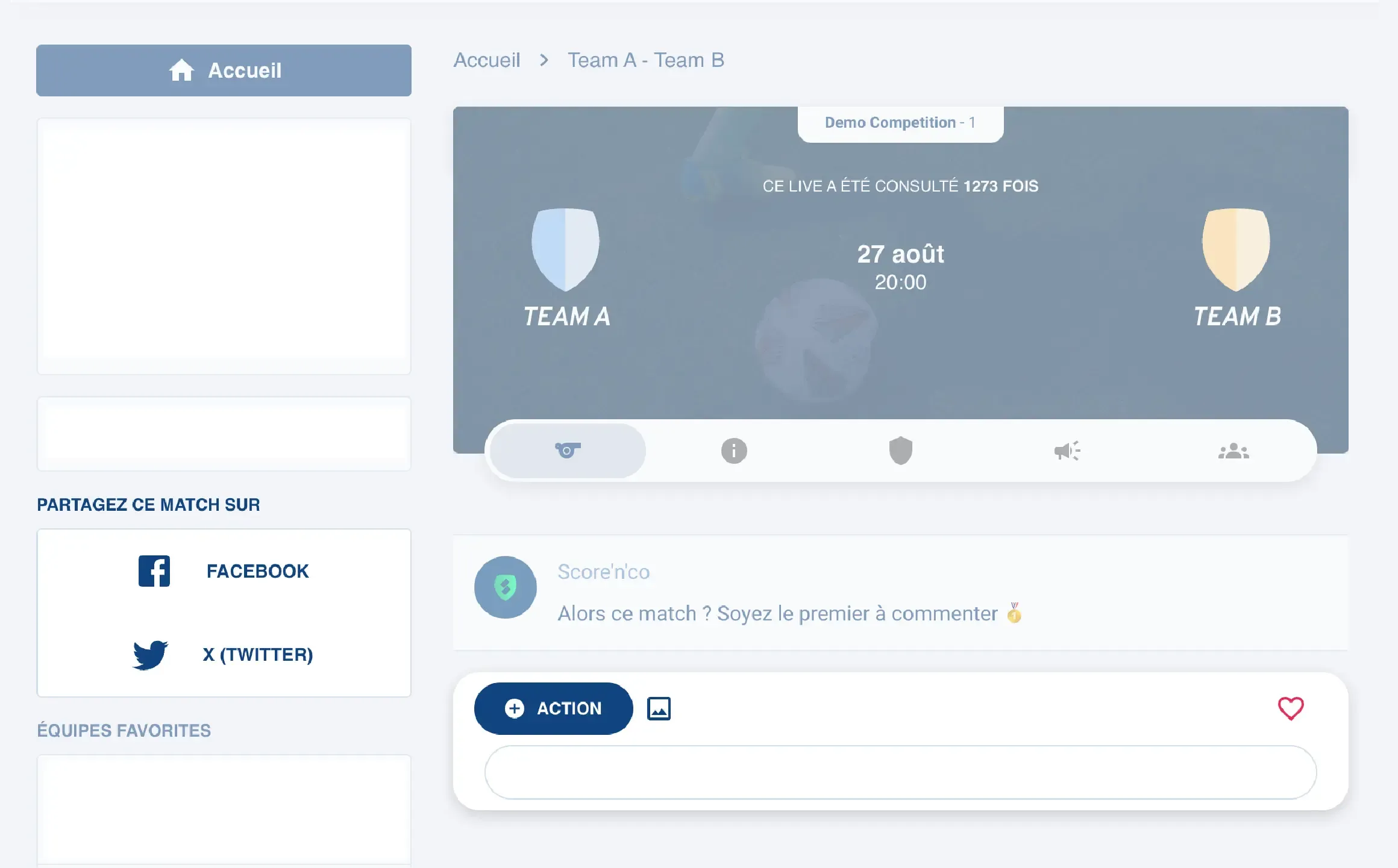 Espace commentaire et action d'un match